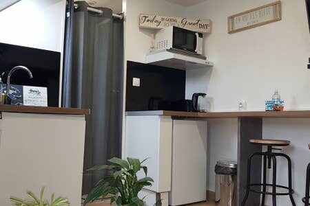 Cuisine et salle de douche derrière le rideau